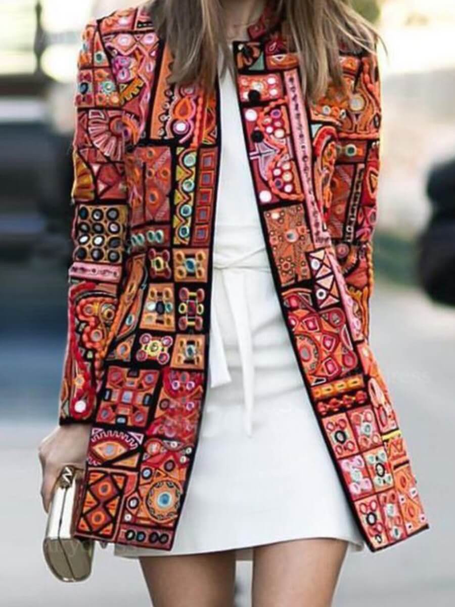 

Lovely Street Geometric Print Patchwork Red Coat