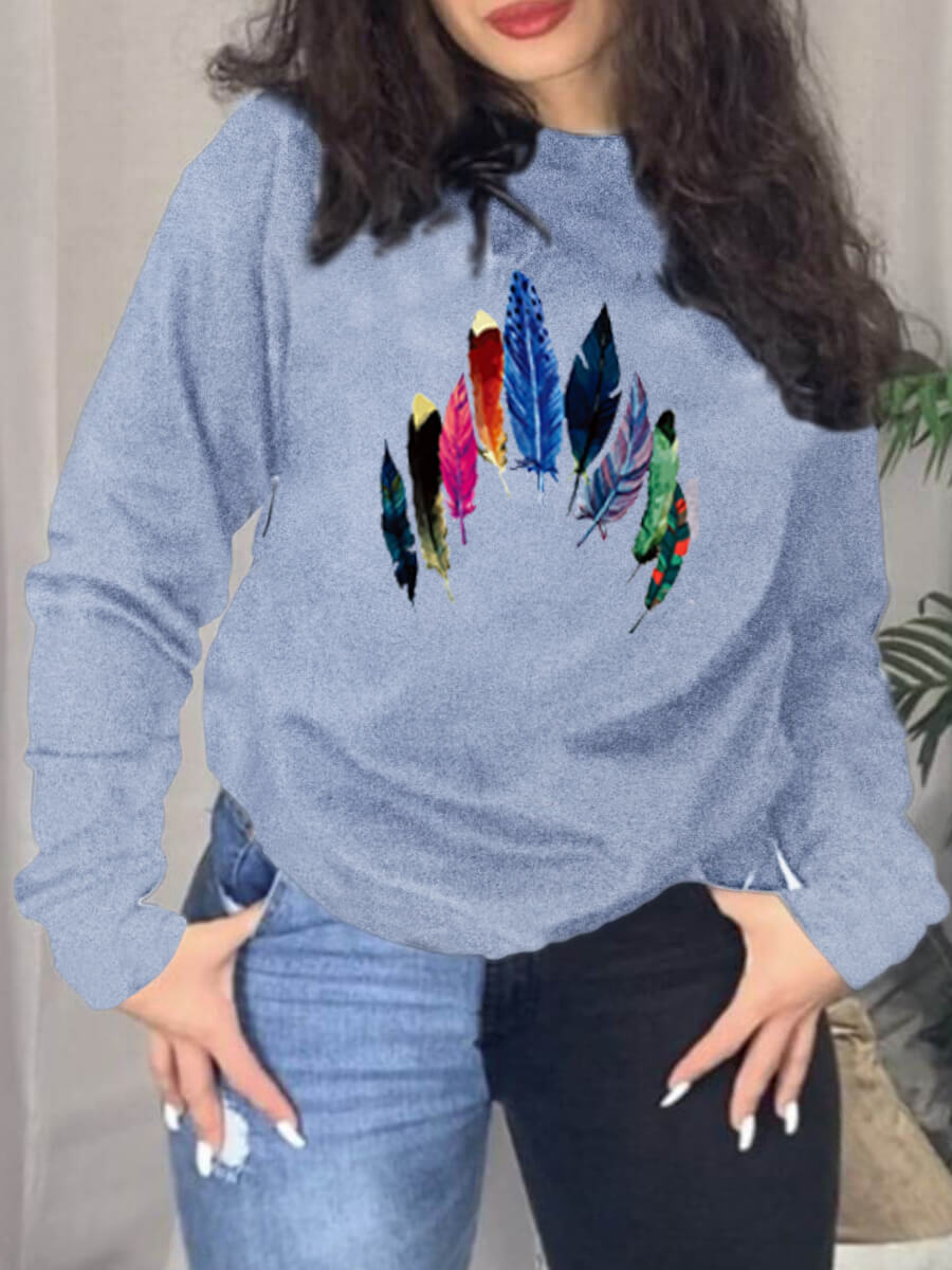 

Lovely Casual O Neck Feather Print Grey Plus Size Hoodie