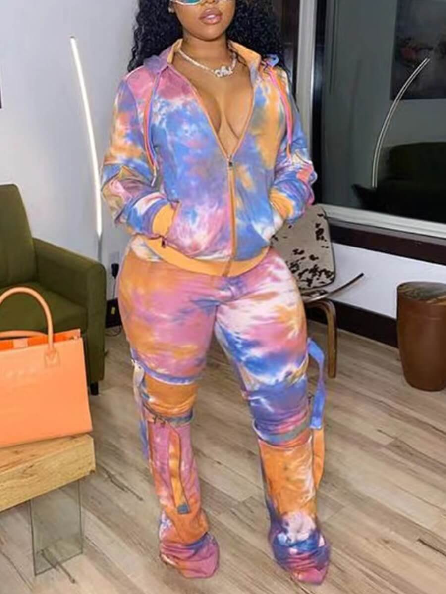 

Lovely Sports Turndown Collor Gradient Multi Plus Size Two-piece Pants Set