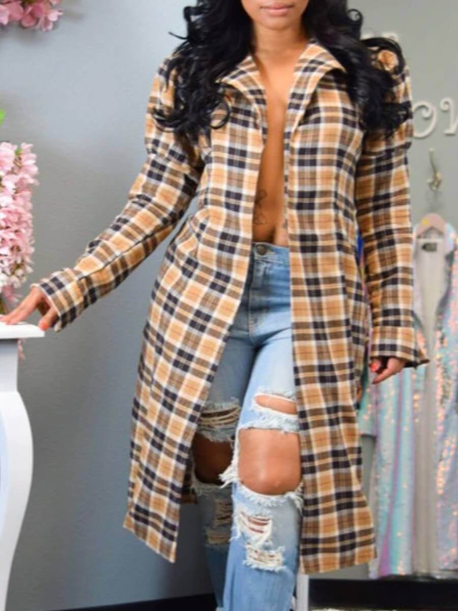 

Lovely Street Plaid Print Patchwork Yellow Trench Coat