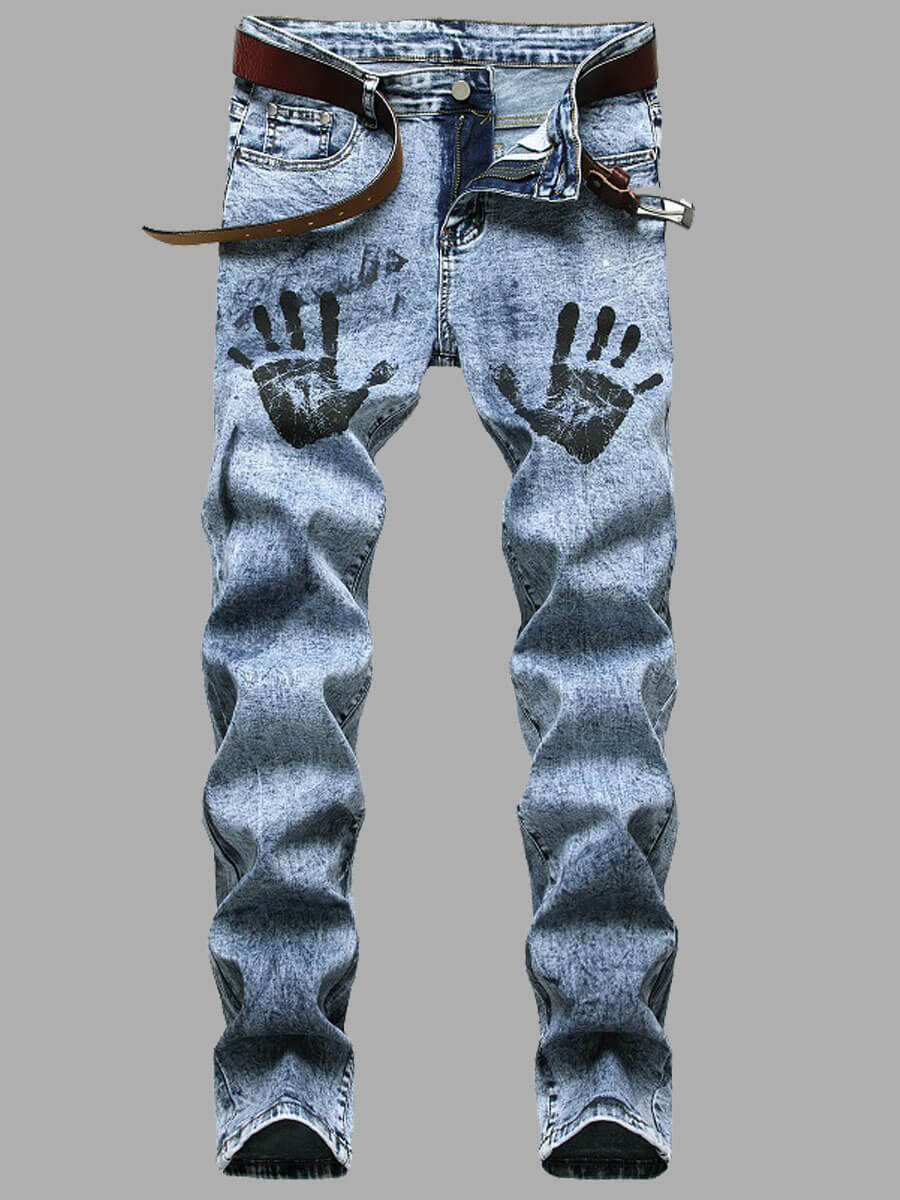 

LW Men Casual Denim Mid Waist Palm Print Jeans, Baby blue