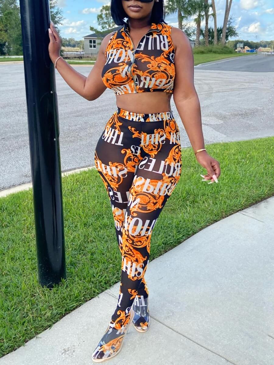 

Lovely Stylish Turndown Collar Letter Print Croci Two Piece Pants Set