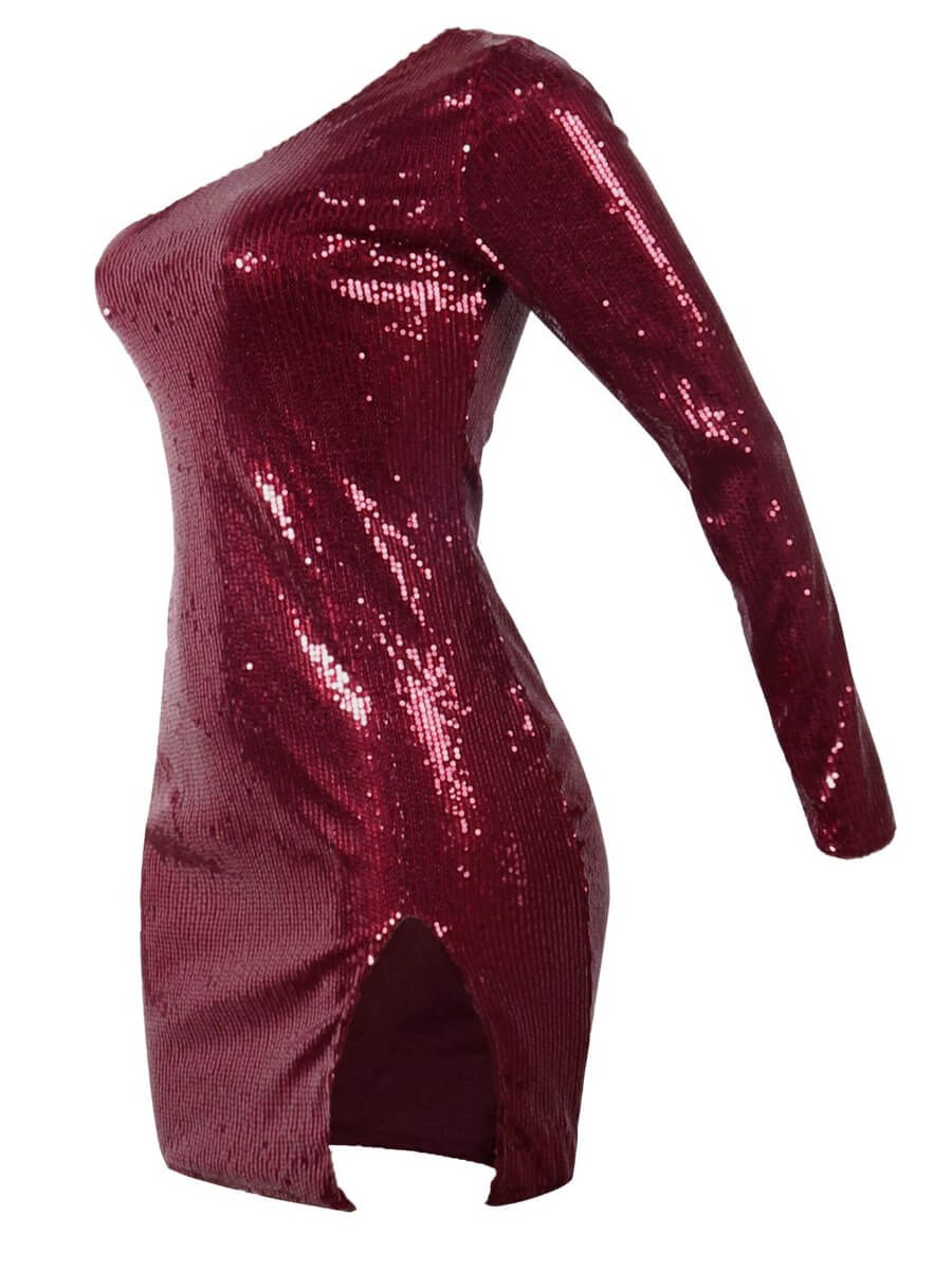 Lovely Sexy One Shoulder Sequined Side Slit Wine Red Mini Evening Dress от Lovelywholesale WW