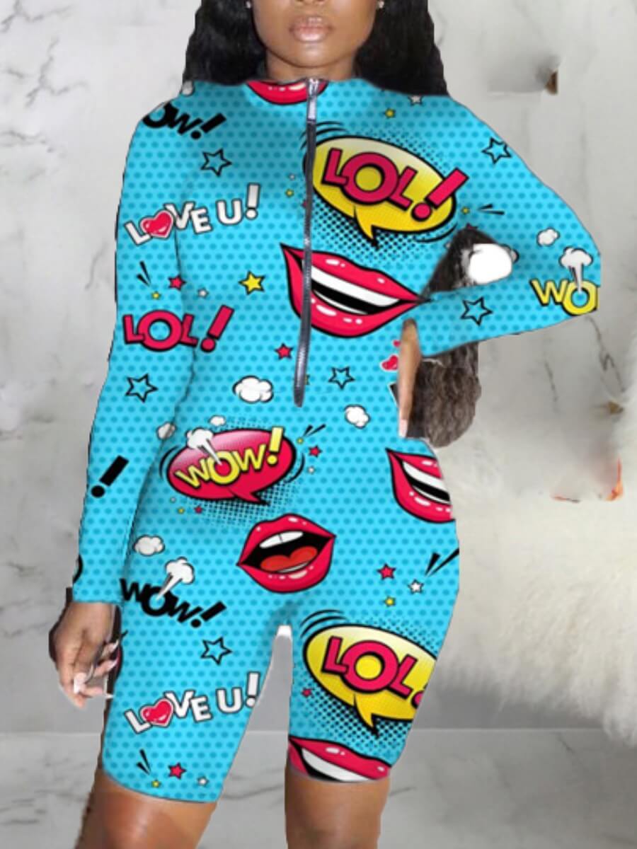 

Lovely Casual Lip Print Patchwork Blue One-piece Romper