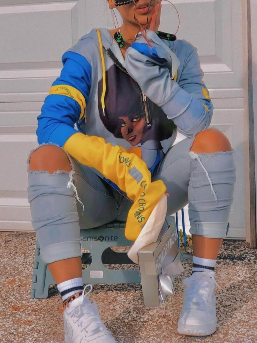 

Lovely Casual Hooded Collar Print Blue Hoodie