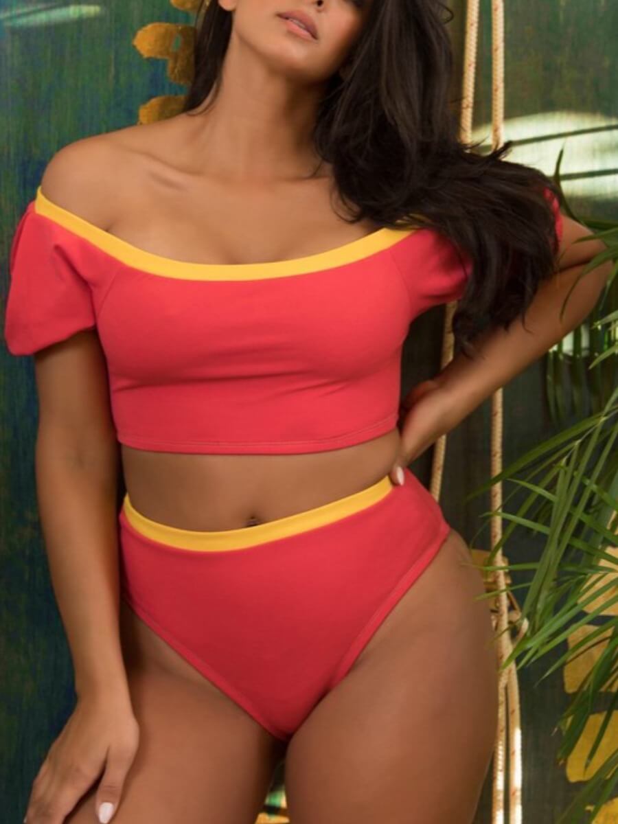 

Lovely Casual Off The Shoulder Patchwork Jacinth Plus Size Tankini
