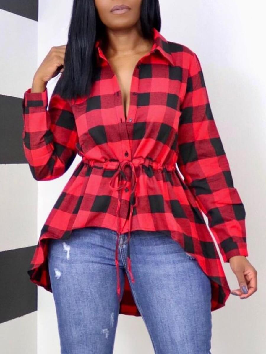 

Lovely Casual Plaid Print Drawstring Red Blouse