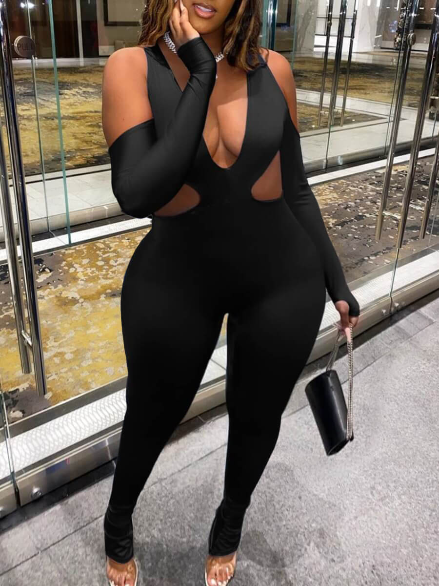 

Lovely Sexy Deep V Neck Hollow-out Black Plus Size One-piece Jumpsuit