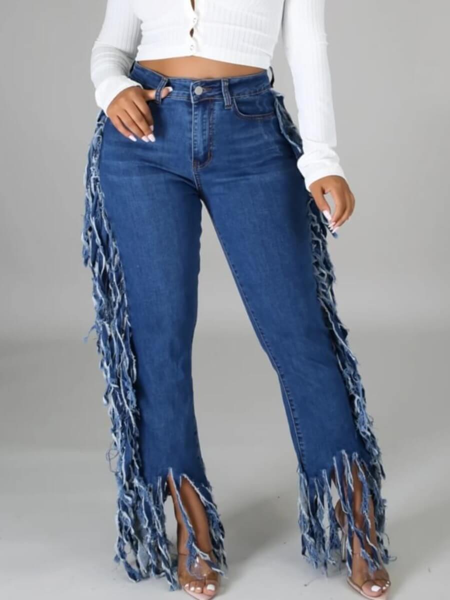 

Lovely Casual High-waisted Tassel Design Blue Jeans