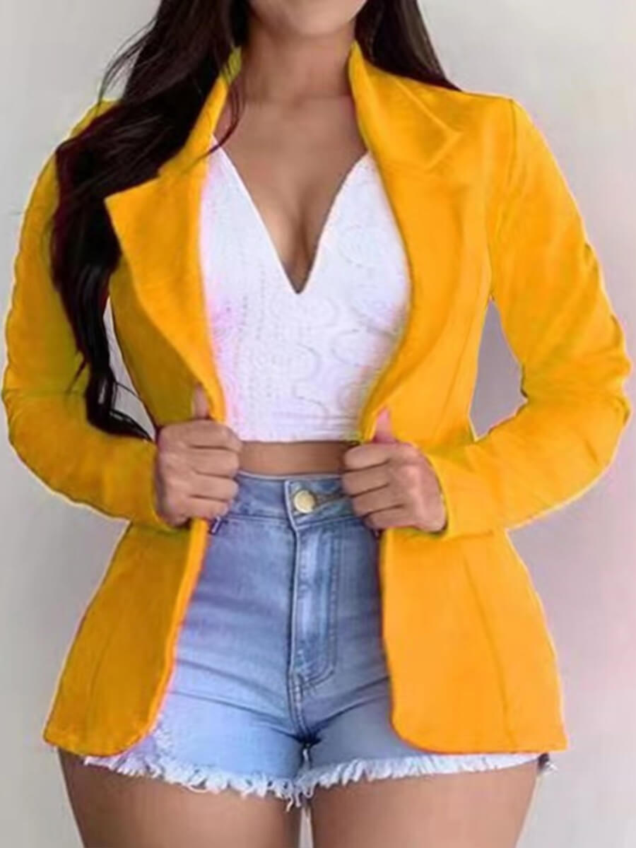 

Lovely Trendy Turndown Collar Button Design Yellow Plus Size Blazer