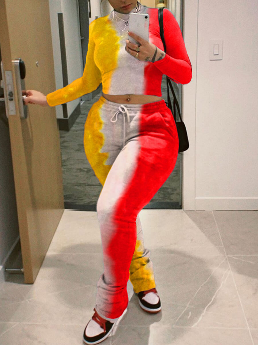 

Lovely Casual Drawstring Tie-dye Red Plus Size Two-piece Pants Set