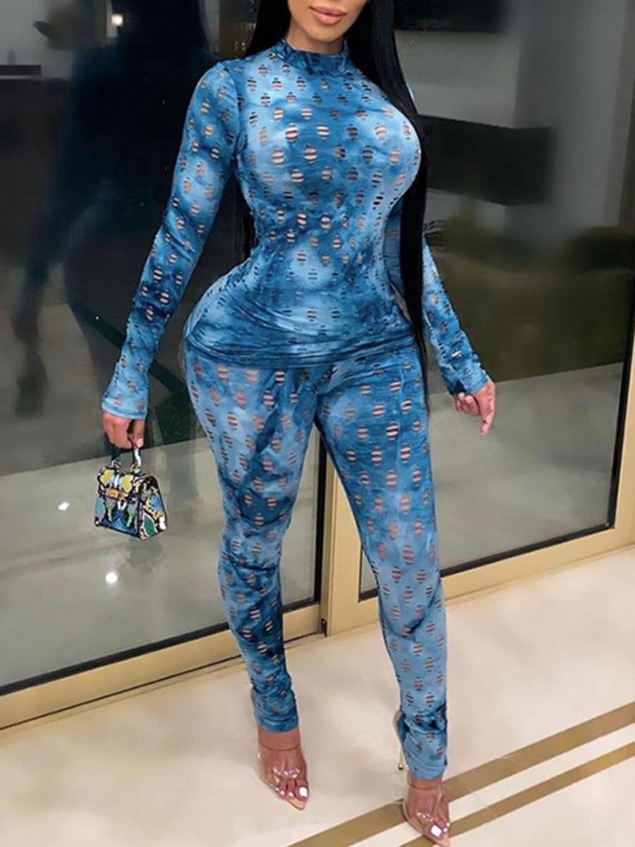 

Lovely Street Hollow-out Print Patchwork Blue Two Piece Pants Set