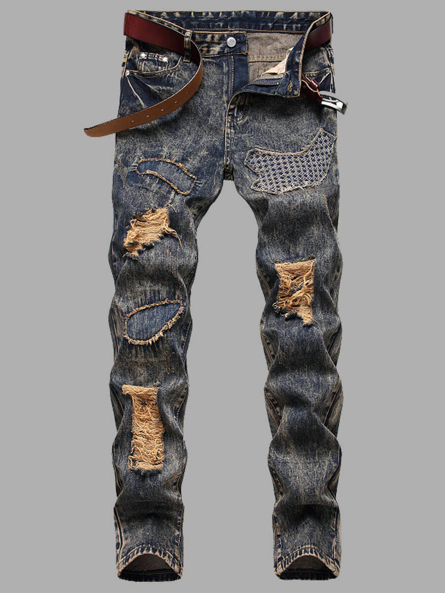 

LW Men Street Denim Ripped Patchwork Jeans (No Stretch), Blue