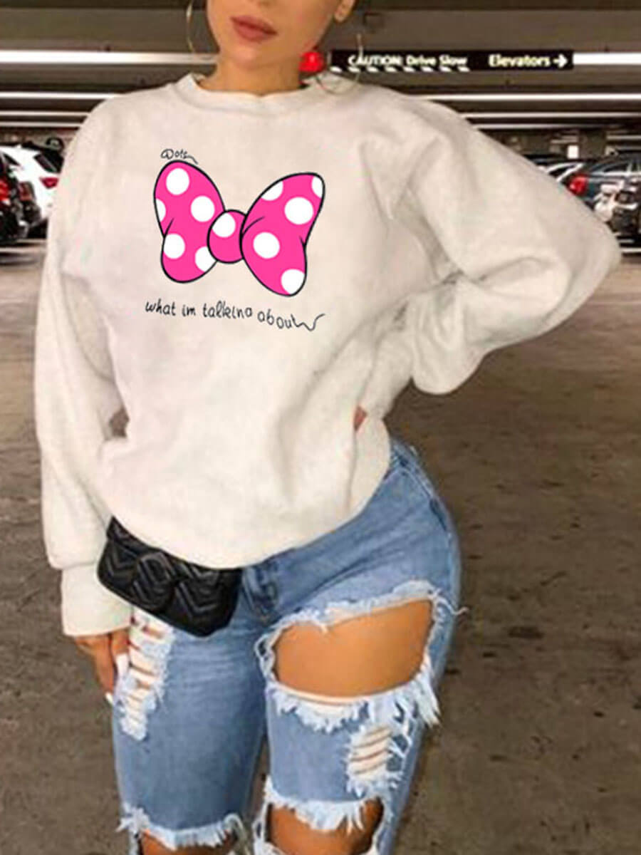 

Lovely Casual O Neck Letter Bow-knot Print Loose White Hoodie