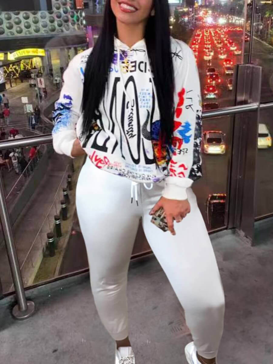

Lovely Street Hooded Collar Long Sleeve Print White Two-piece Pants Set