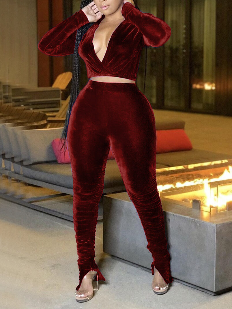 

Lovely Sexy Deep V Neck Wine Red Velvet Two Piece Pants Set