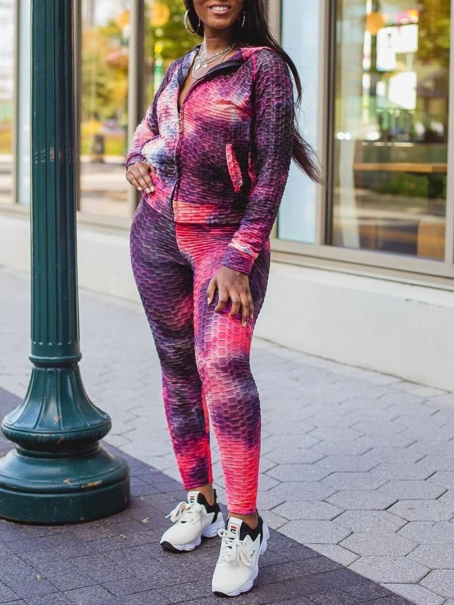 

Lovely Sportswear Hooded Collar Tie Dye Print Rose Red Two Piece Pants Set