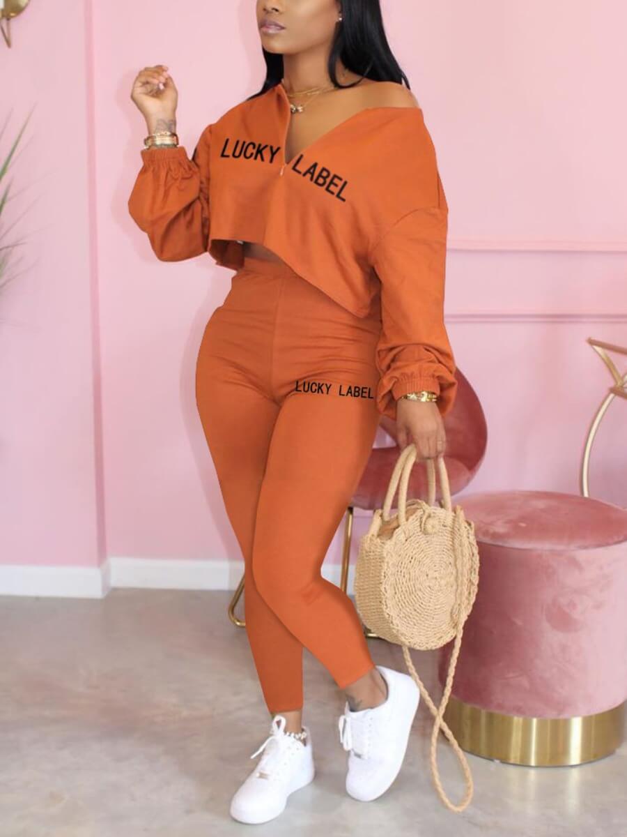 

Lovely Casual V Neck Letter Print Orange Two Piece Pants Set