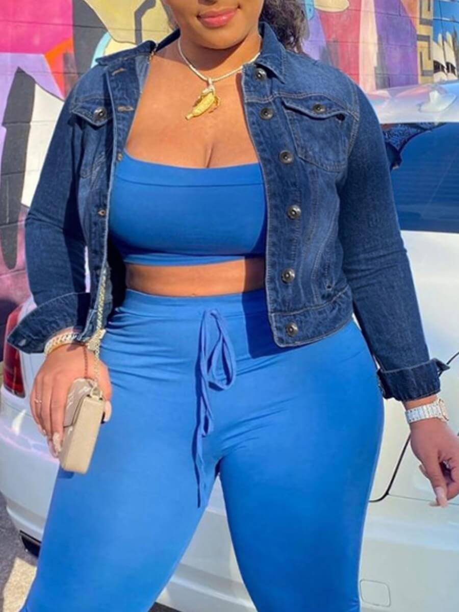 

Lovely Casual Turndown Collar Button Design Deep Blue Plus Size Denim Coat