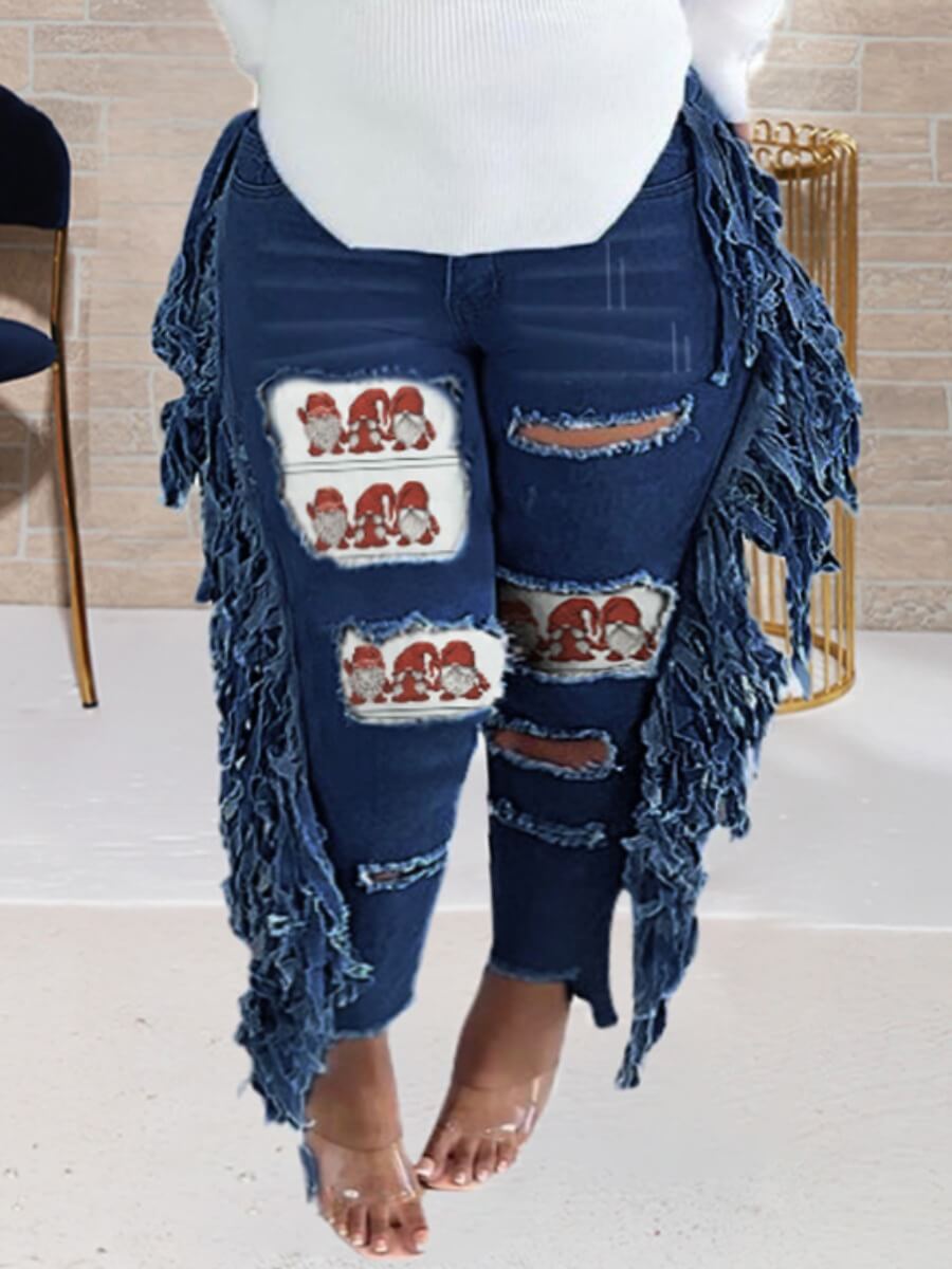 

Lovely Stylish Tassel Design Ripped Patchwork Deep Blue Plus Size Jeans