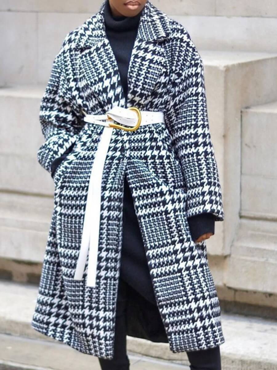 

Lovely Casual Plaid Print Patchwork Black Woolen Coat(Without Belt