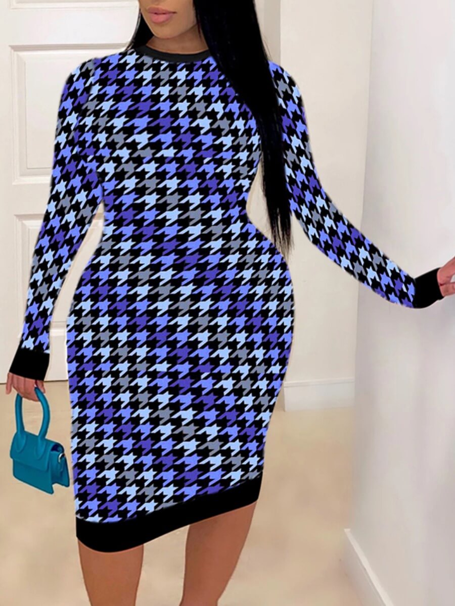 

Lovely Casual Plaid Print Patchwork Blue Plus Size Knee Length Dress