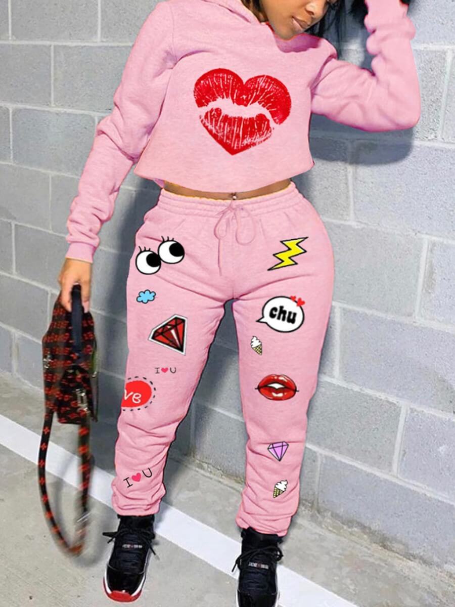 

Lovely Sportswear Hooded Collar Print Pink Two-piece Pants Set