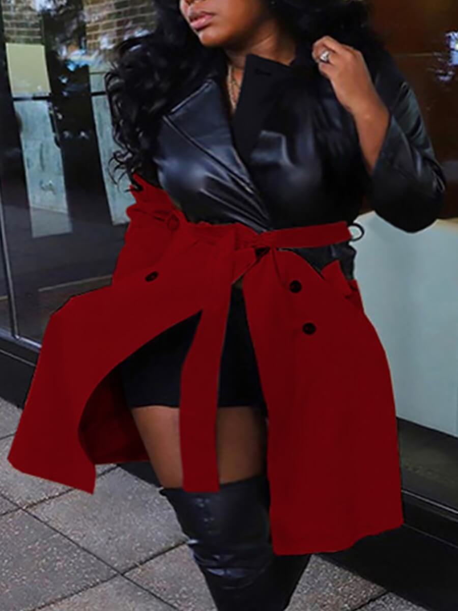 

Lovely Street Turndown Collar Patchwork Button Design Red Plus Size Leather
