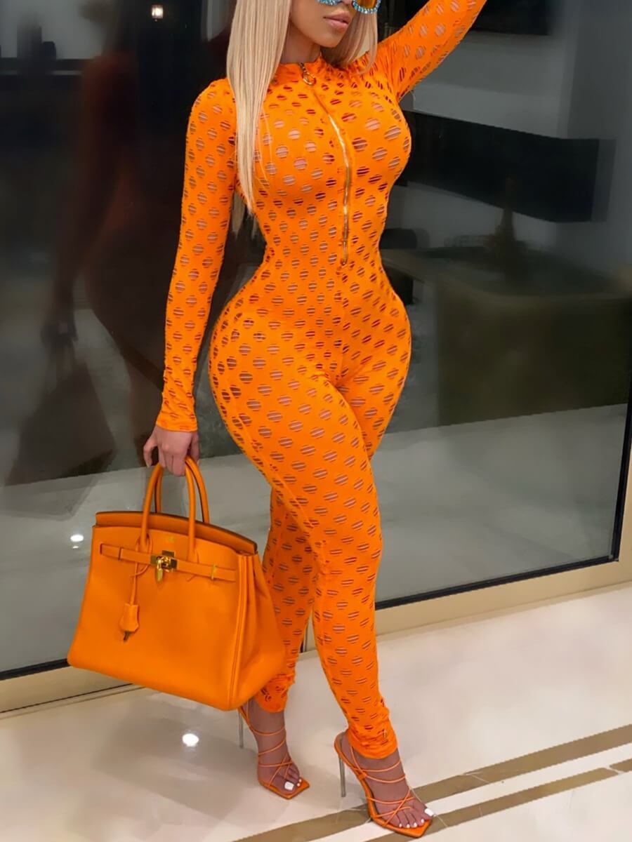 

Lovely Sexy Mandarin Collar Hollow-out Orange One-piece Jumpsuit