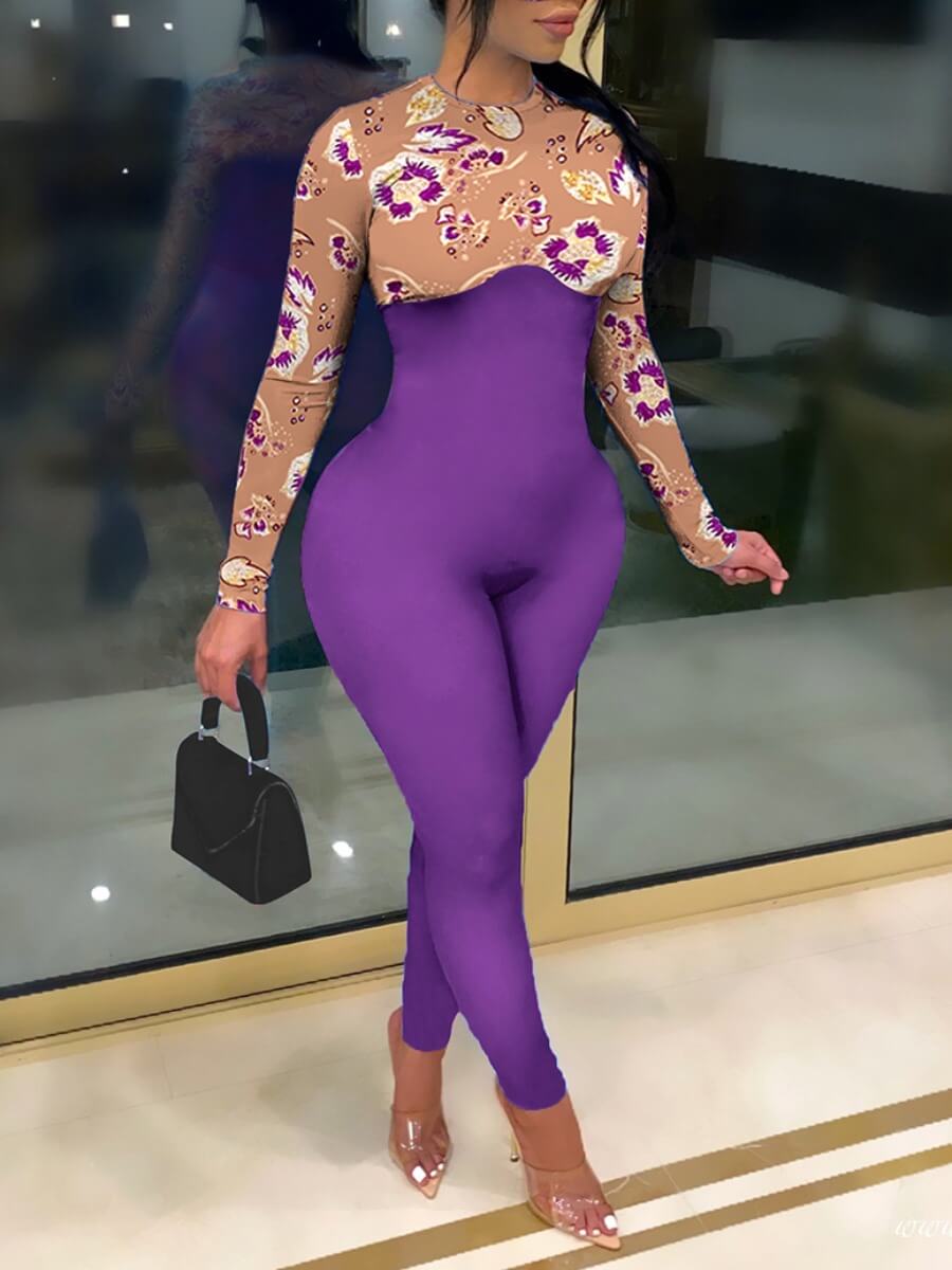 

Lovely Chic Print Patchwork Skinny Purple One-piece Jumpsuit