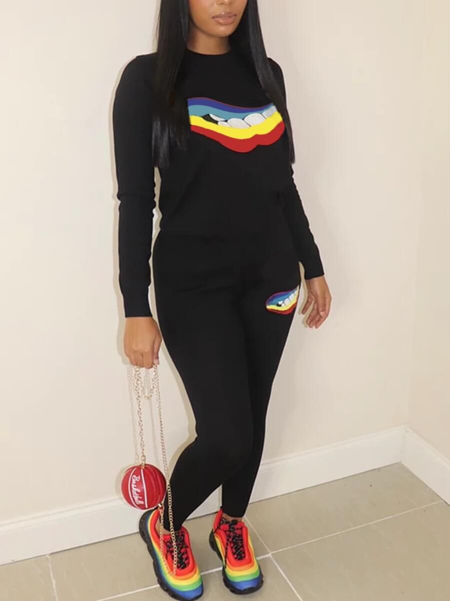 

Lovely Casual Lip Print Patchwork Black Two Piece Pants Set