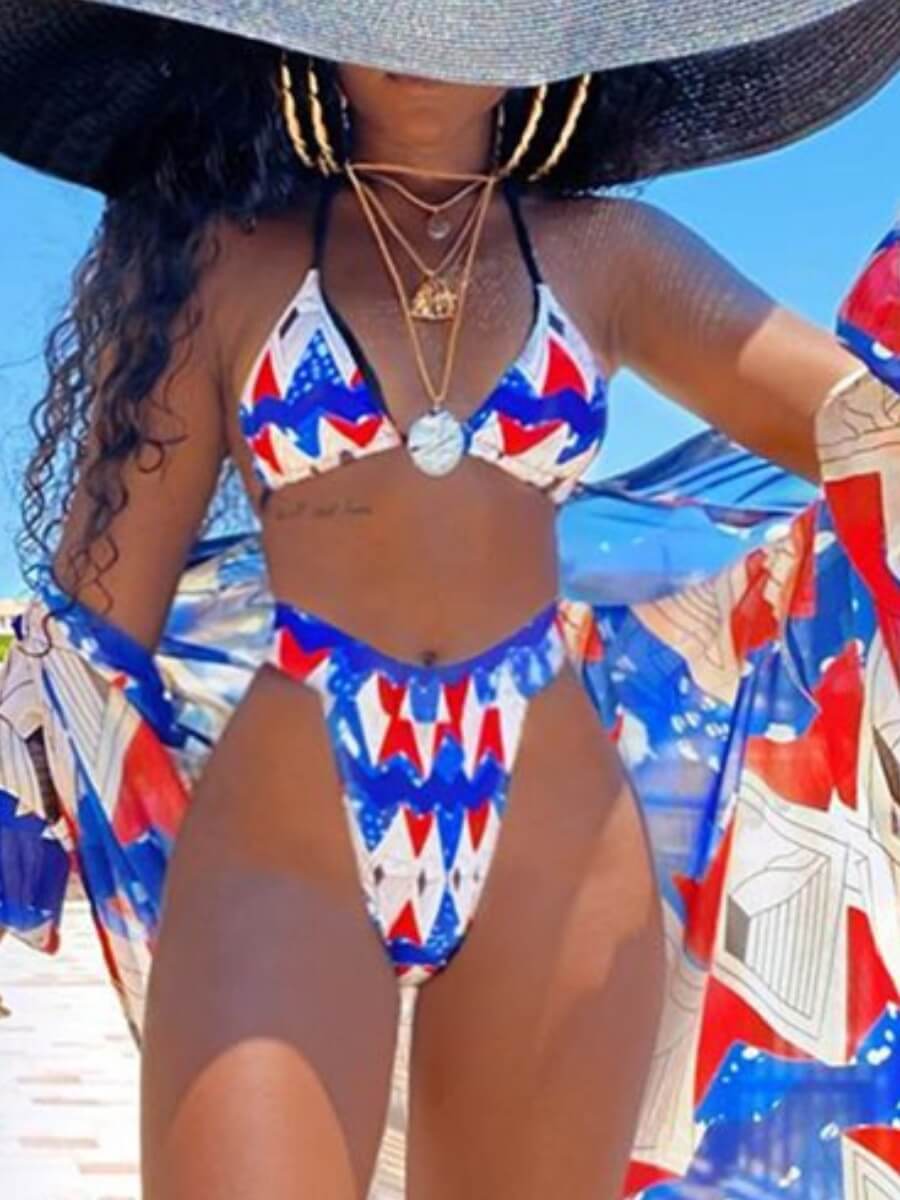 

Lovely Sexy Geometric Print Patchwork Blue Two-piece Swimsuit