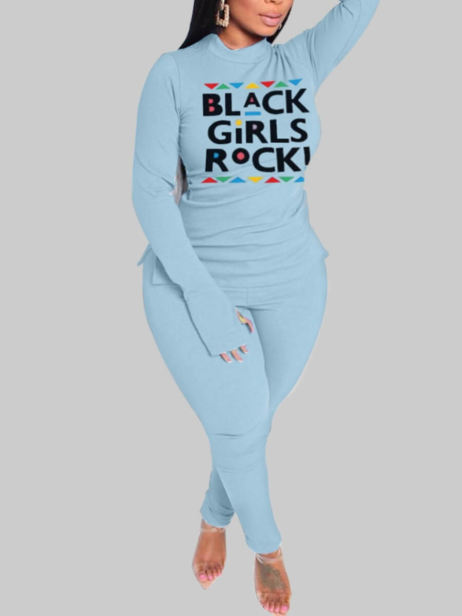 

LW BASICS Plus Size Casual Turtleneck Letter Print Blue Two-piece Pants Set