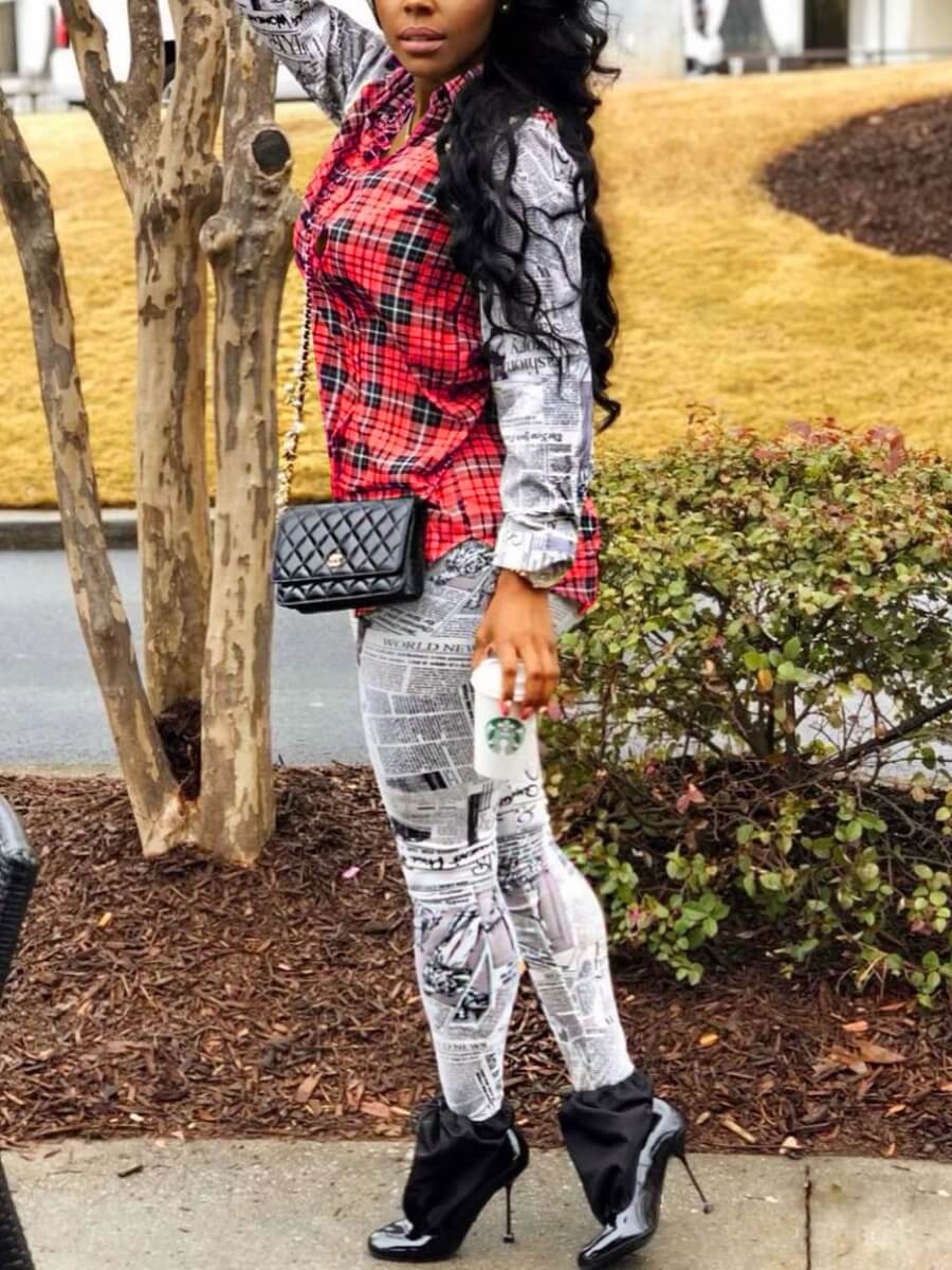 

Lovely Street Plaid Print Stitching Red Two Piece Pants Set