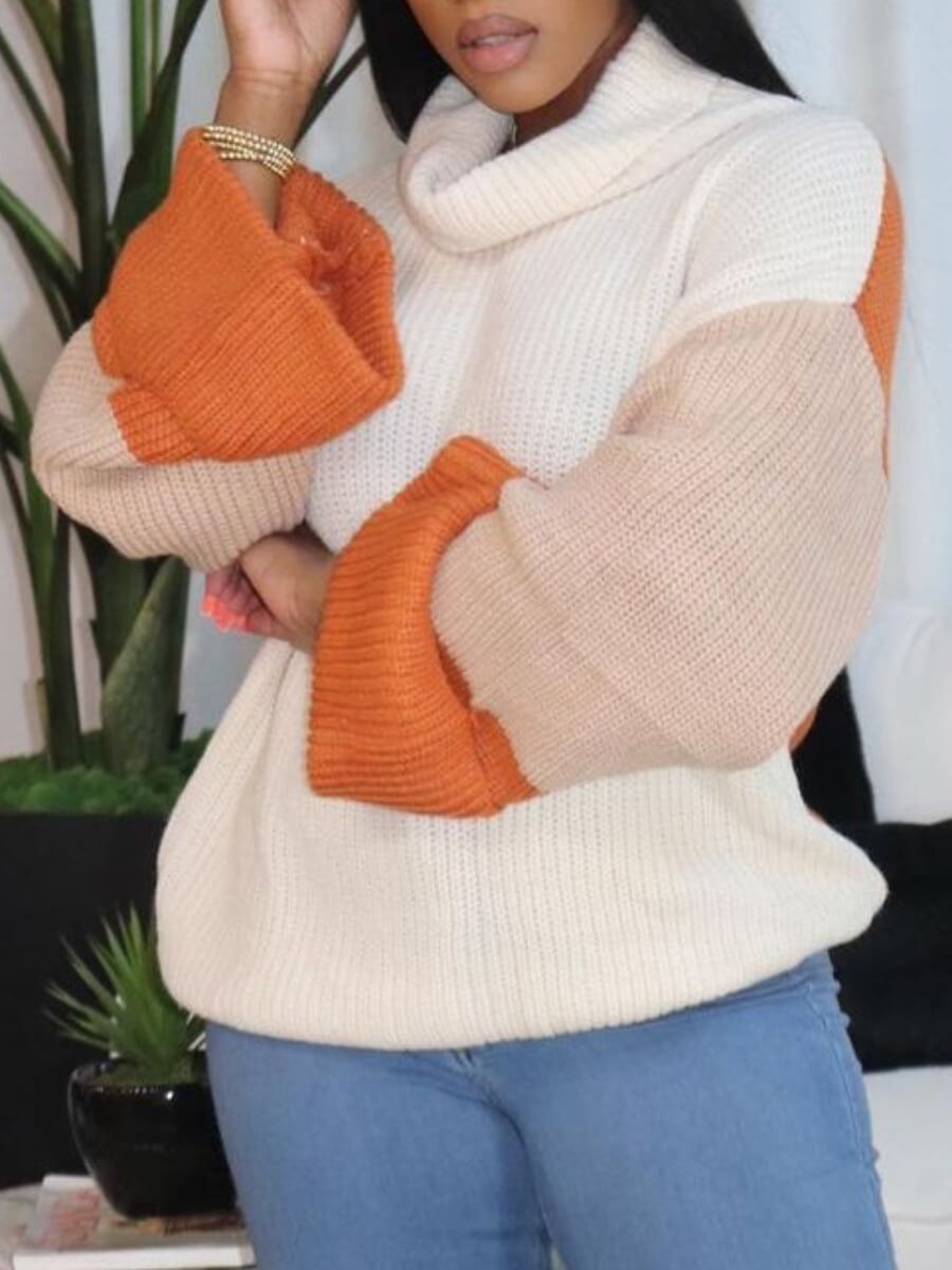 

Lovely Casual Flare Sleeve Color-lump Patchwork Jacinth Sweater