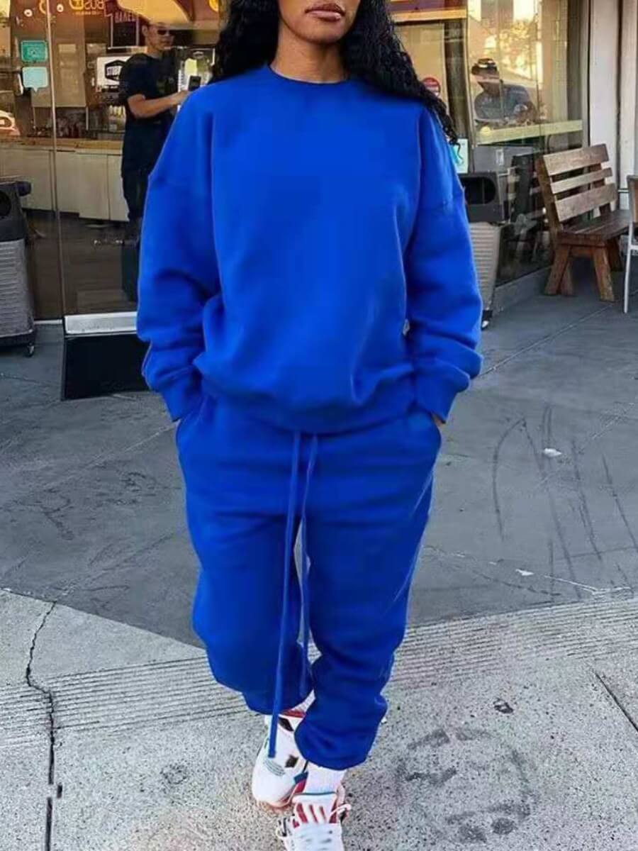 

Lovely Sportswear O Neck Drawstring Design Blue Two Piece Pants Set