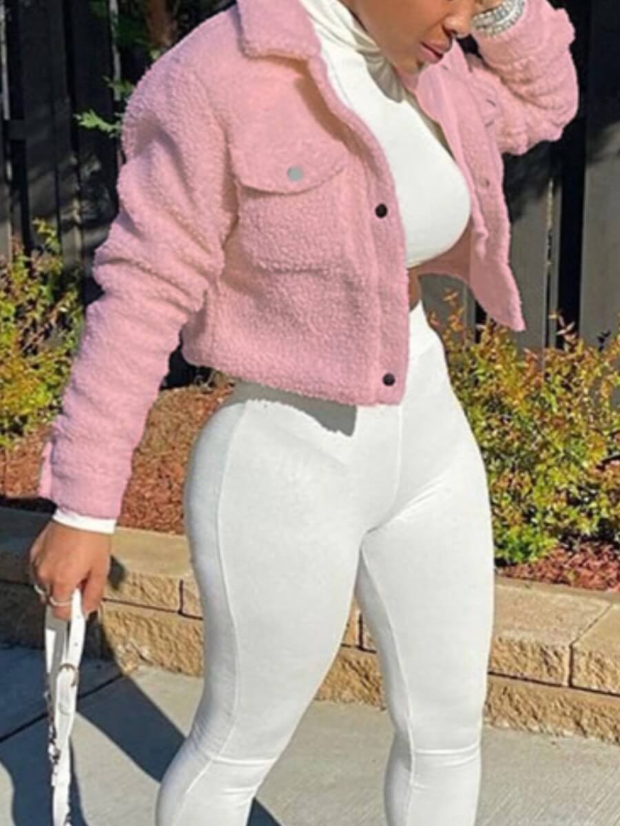 

Lovely Casual Long Sleeve Button Design Pink Faux Fur