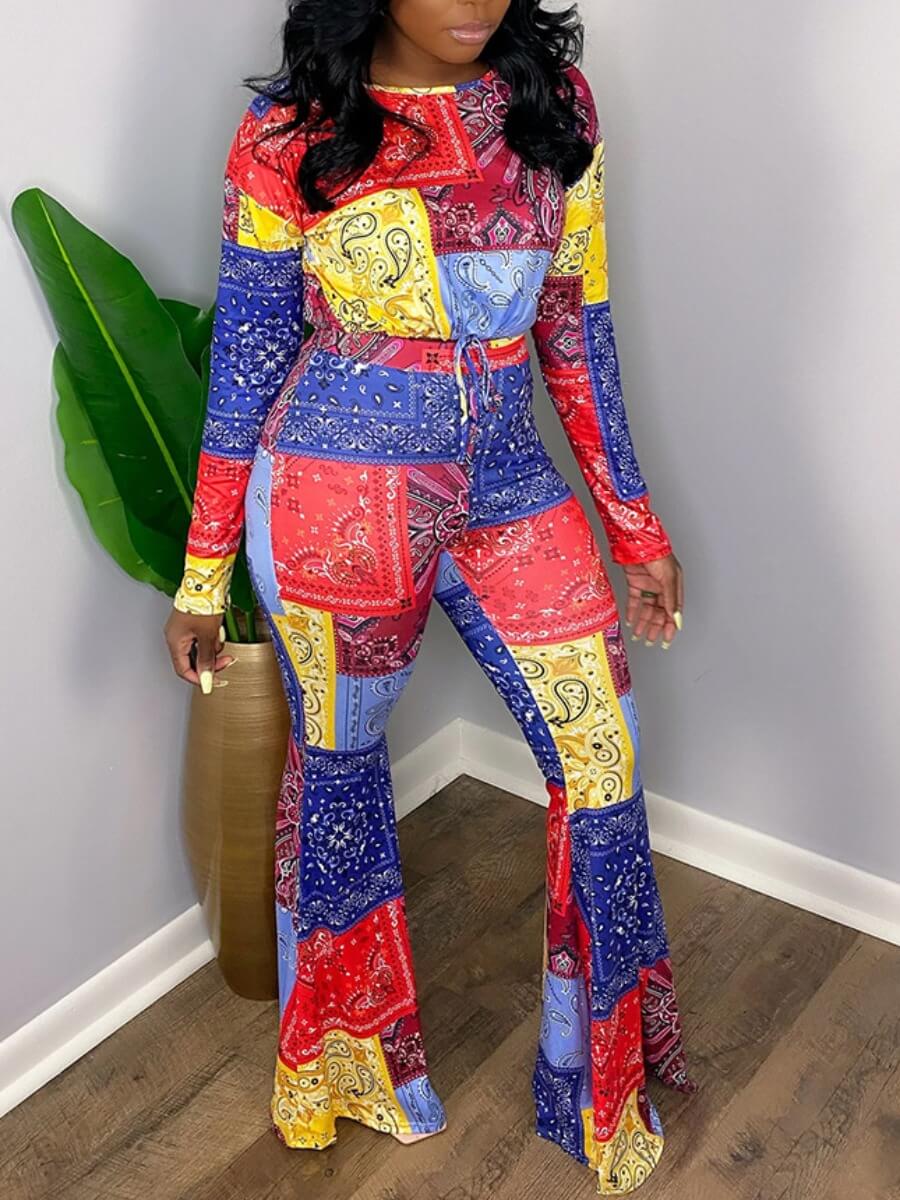 

Lovely Ethnic O Neck Color-lump Patchwork Flared Multicolor Two Piece Pants Set, Multi