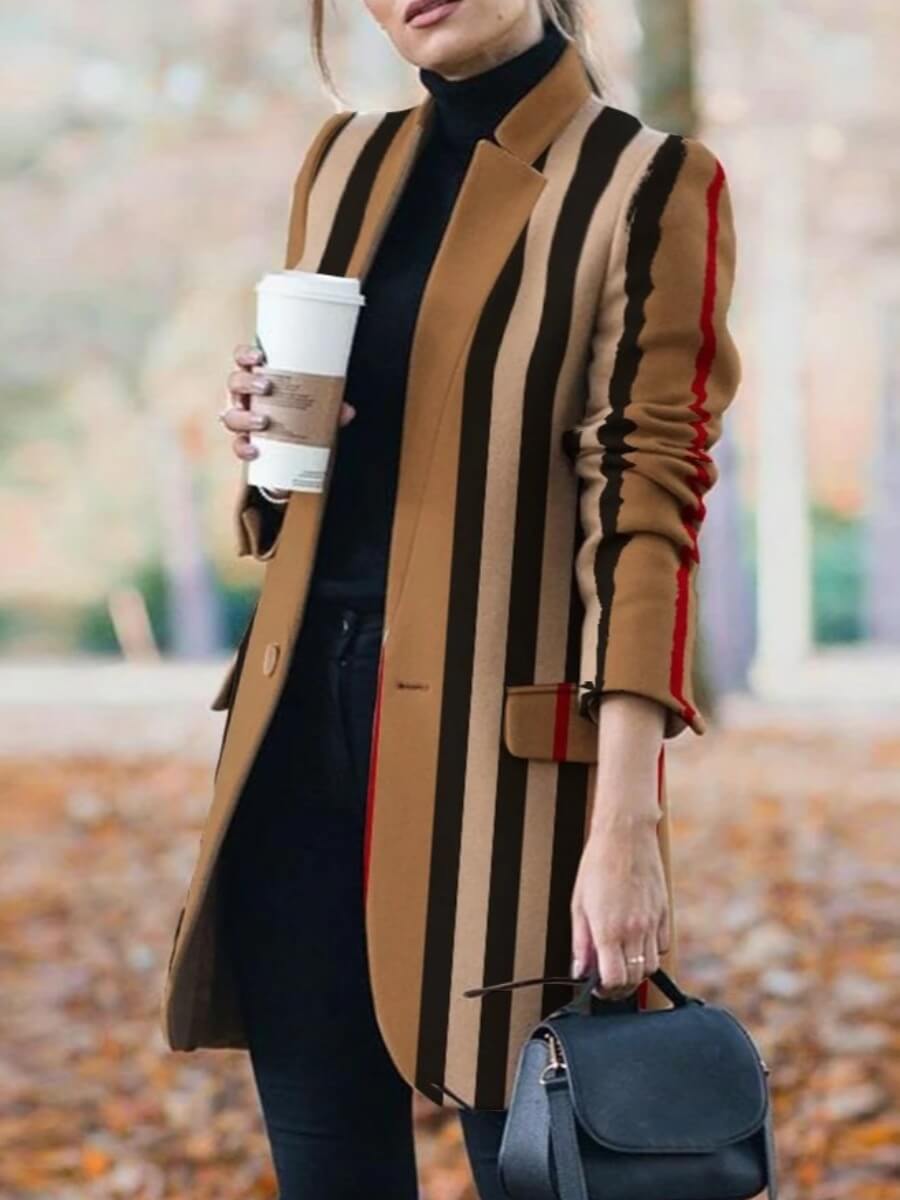 

LW Striped Button Design Woolen Coat, Stripe