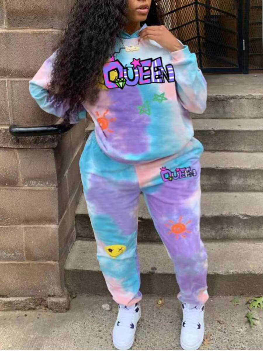 

Lovely Sportswear Tie Dye Letter Print Multicolor Plus Size Two-piece Pants Set, Multi