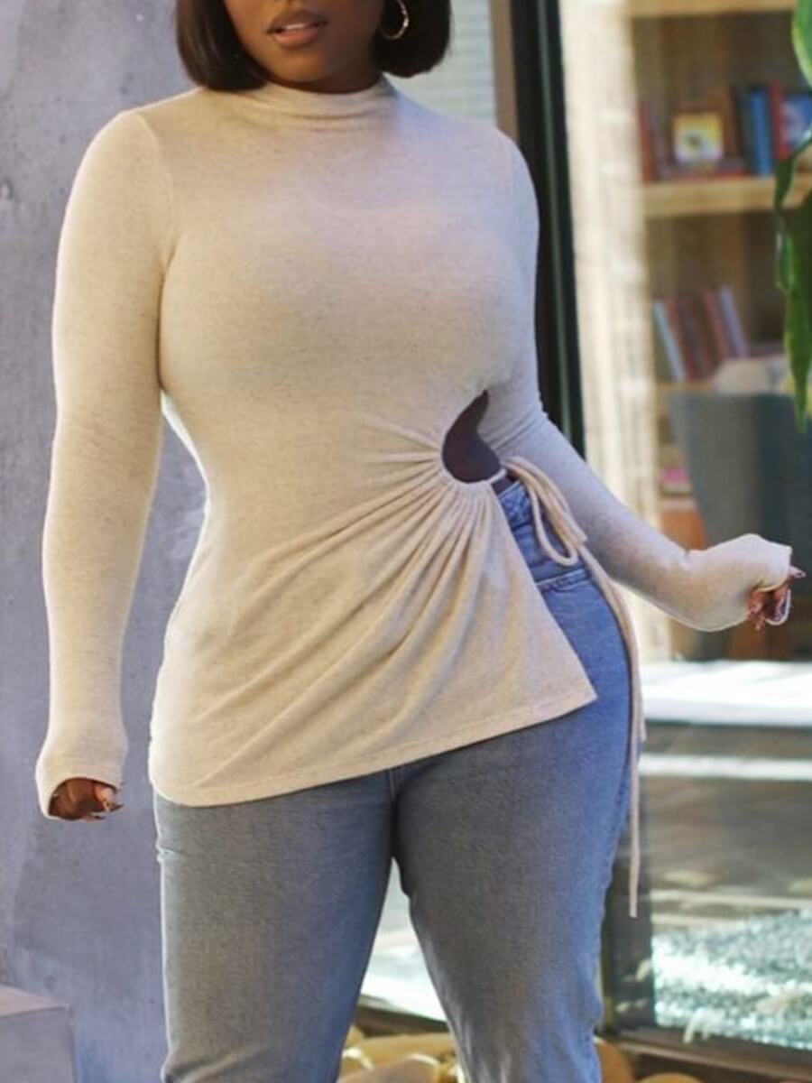 

Lovely Casual Half A Turtleneck Hollow-out Beige Sweater