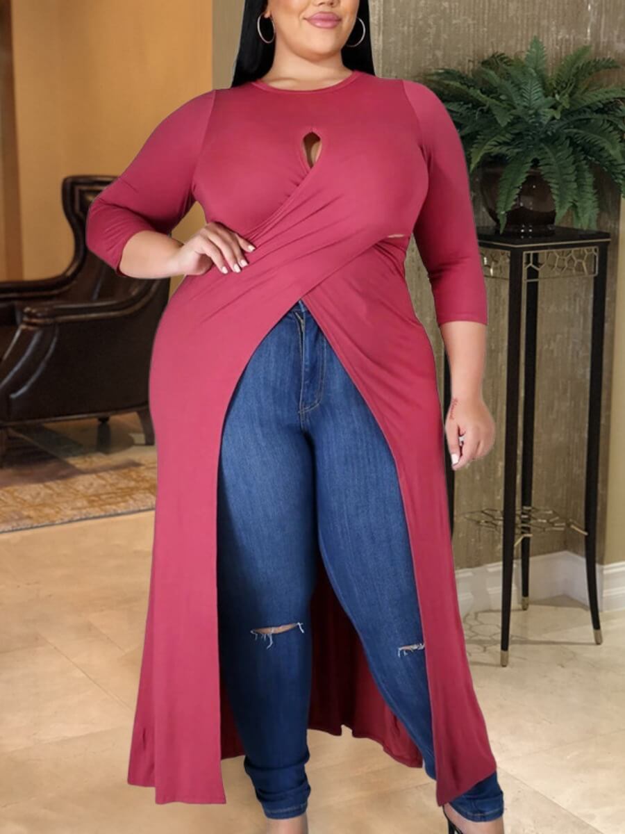 

Lovely Casual O Neck Hollow-out Red Plus Size T-shirt
