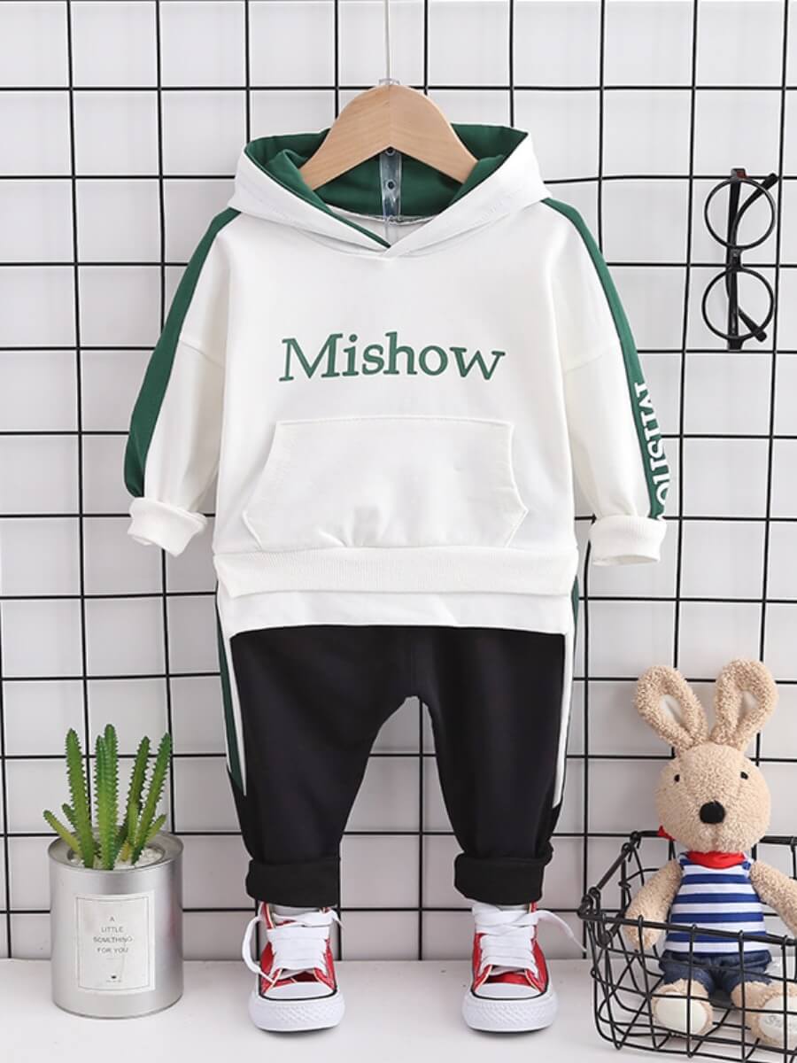 

Lovely Sportswear Hooded Collar Letter Print White Boy Two Piece Pants Set
