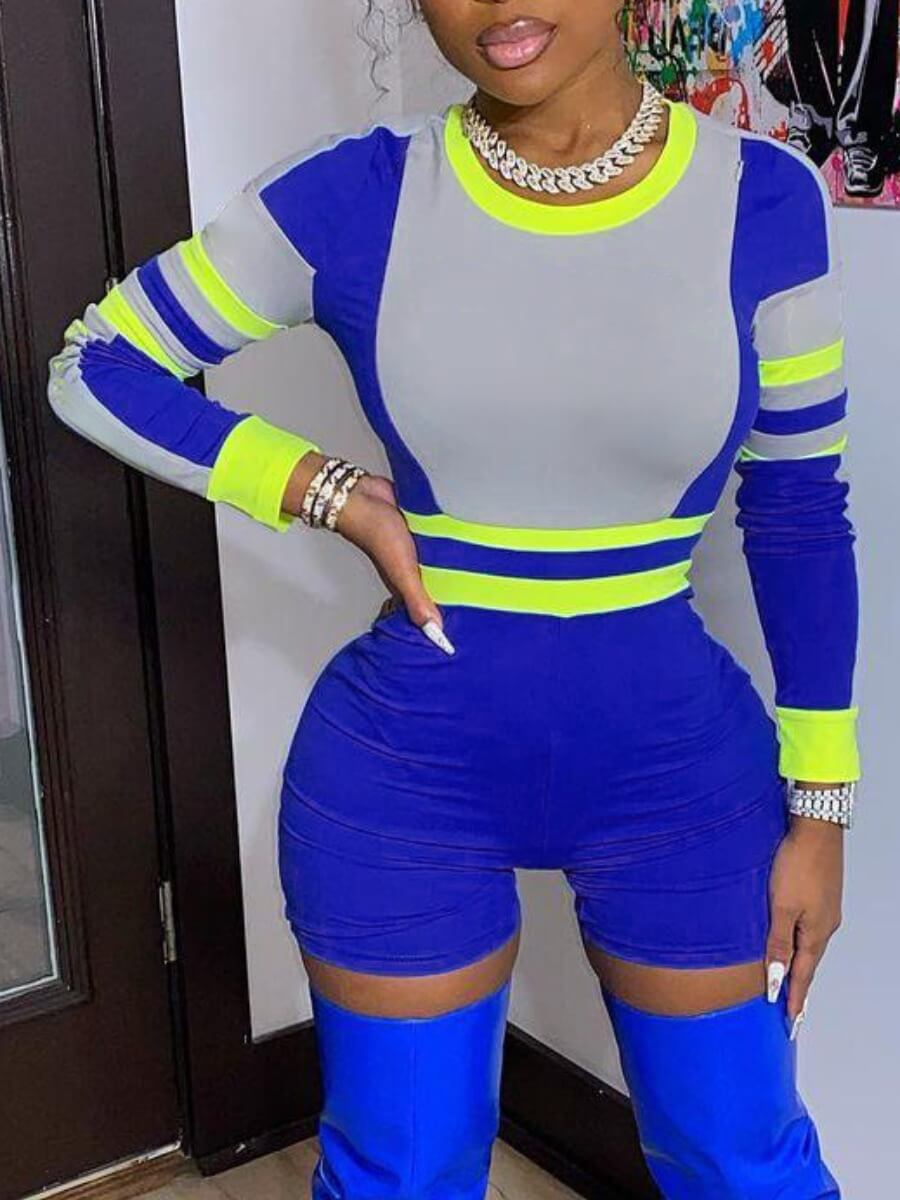 

Lovely Sportswear O Neck Patchwork Blue One-piece Romper