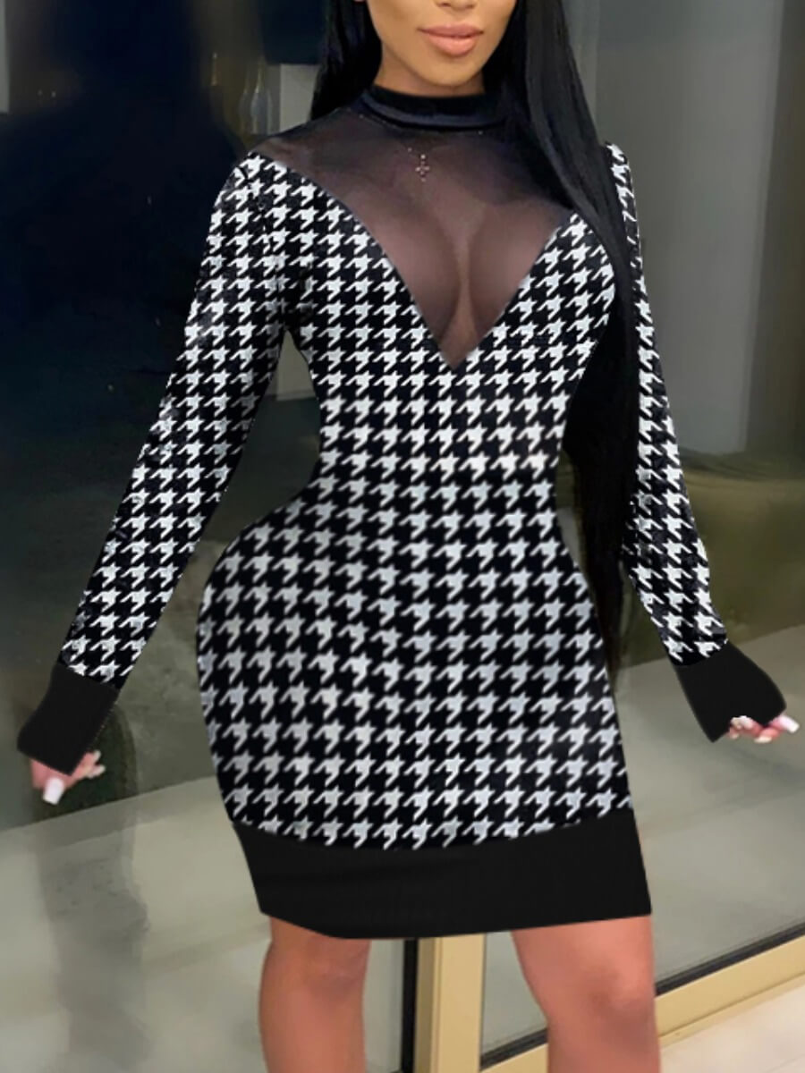 

Lovely Sexy O Neck Print Mesh Patchwork Black Mini Dress