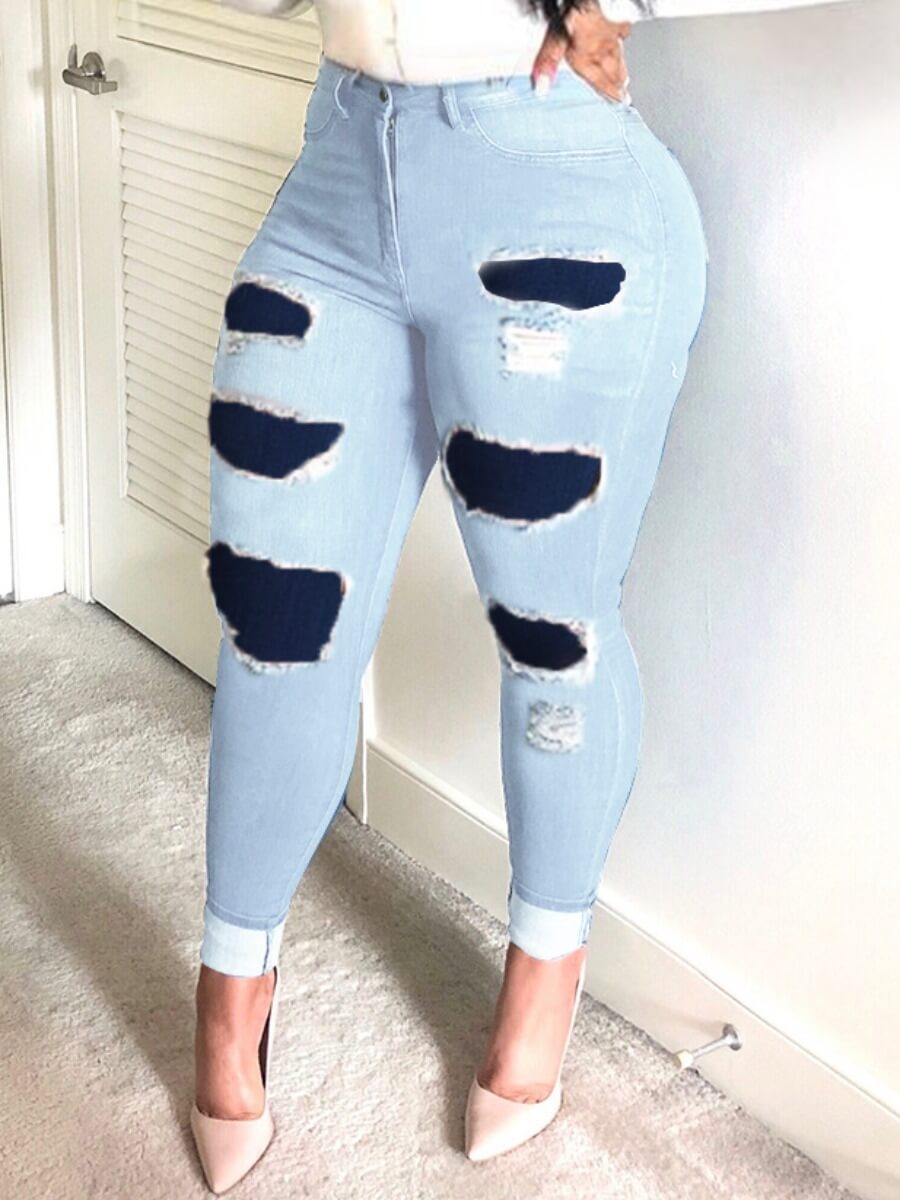 

Lovely Casual High-waisted Broken Holes Blue Plus Size Jeans