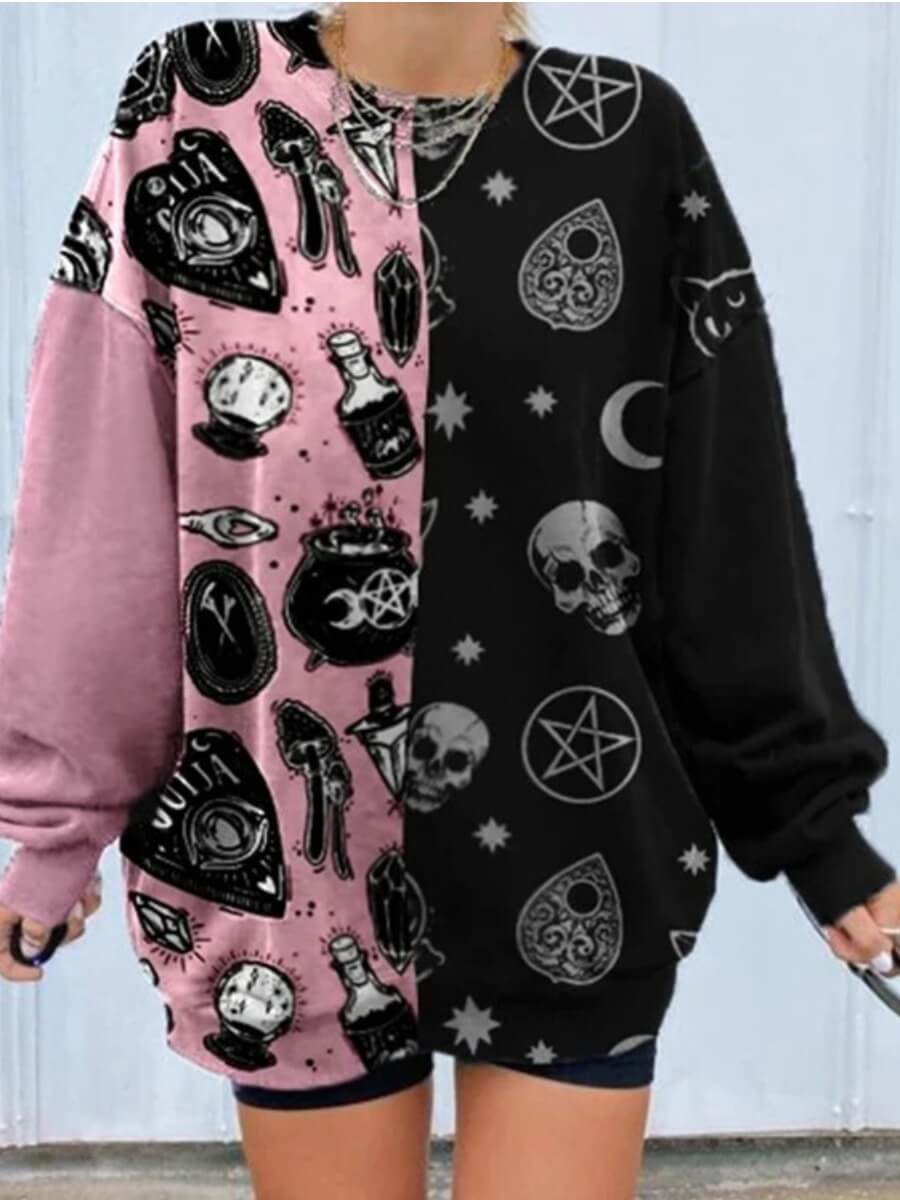 

Lovely Casual O Neck Print Patchwork Black Plus Size Hoodie