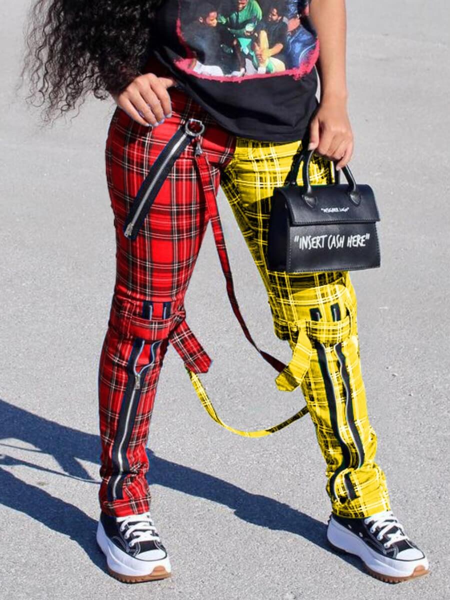 

LW Casual Plaid Print Patchwork Red Pants