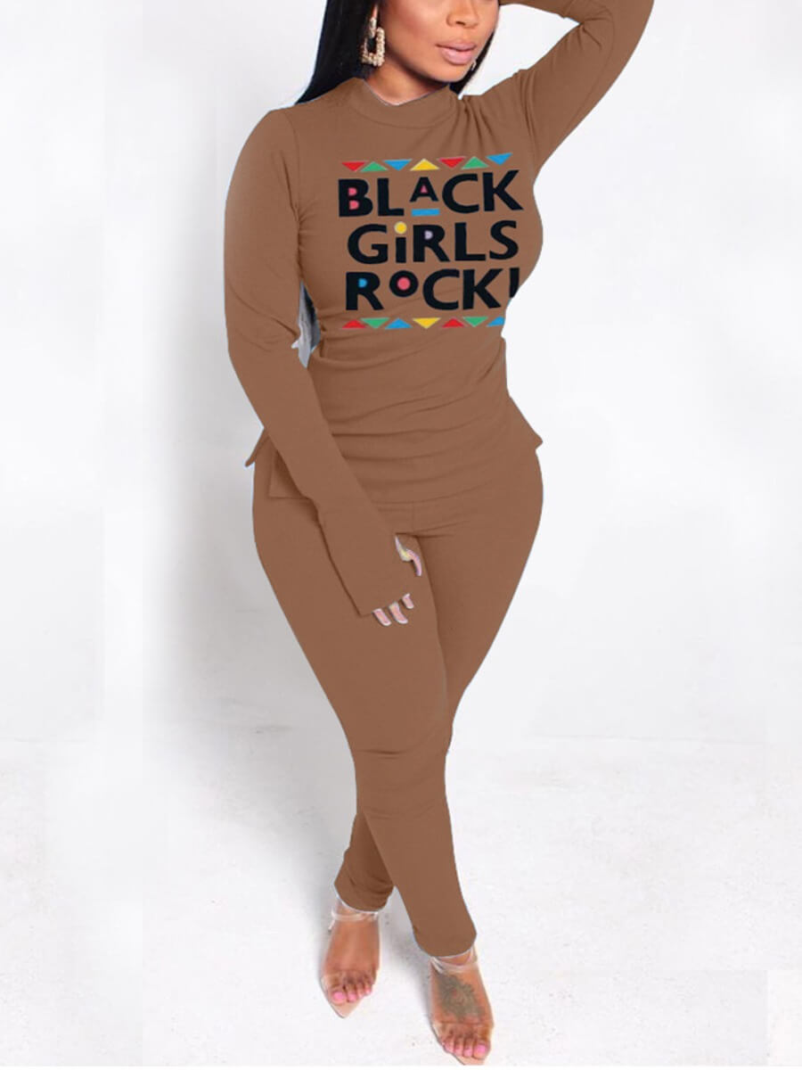 

Lovely Casual Turtleneck Letter Print Coffee Two Piece Pants Set