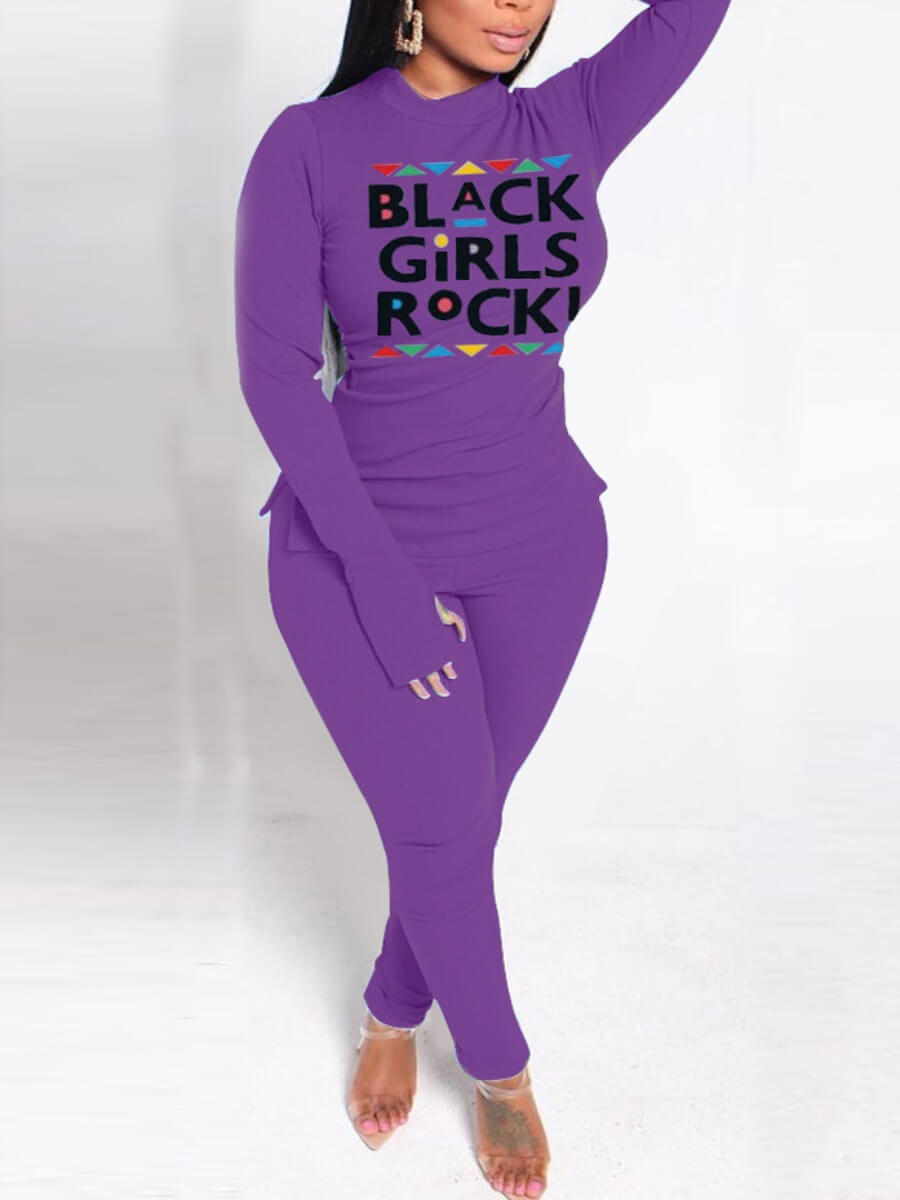 

Lovely Casual Turtleneck Letter Print Purple Two Piece Pants Set